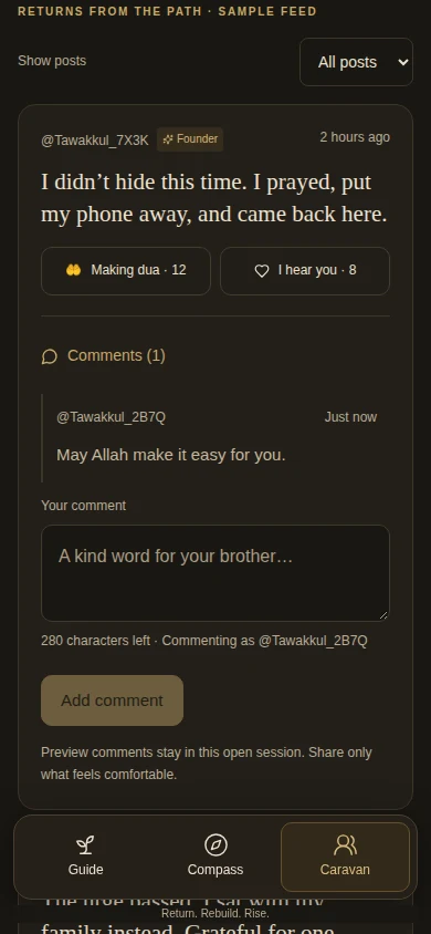 Caravan prototype: sample posts from brothers using nicknames, with supportive reactions.