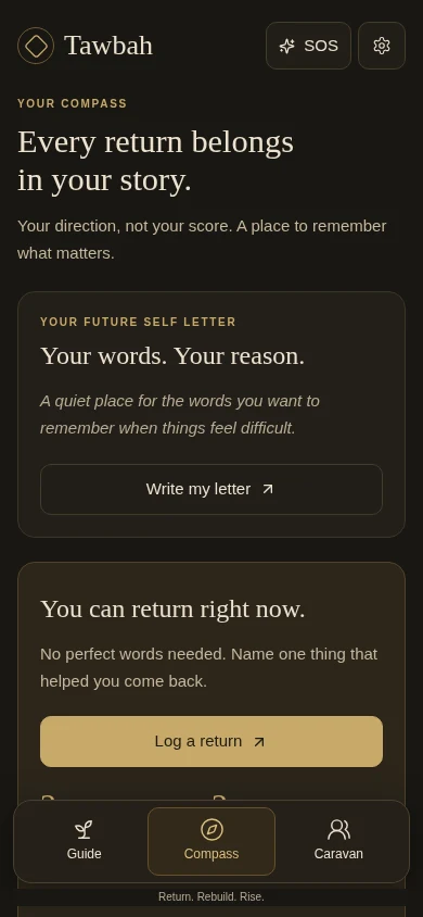 Compass prototype: future-self letter and a prompt to record a return.