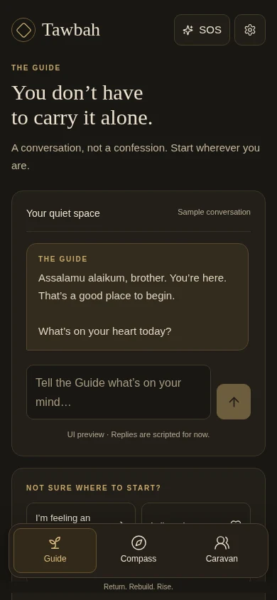 Tawbah Guide prototype with a sample greeting and a space to begin a conversation.